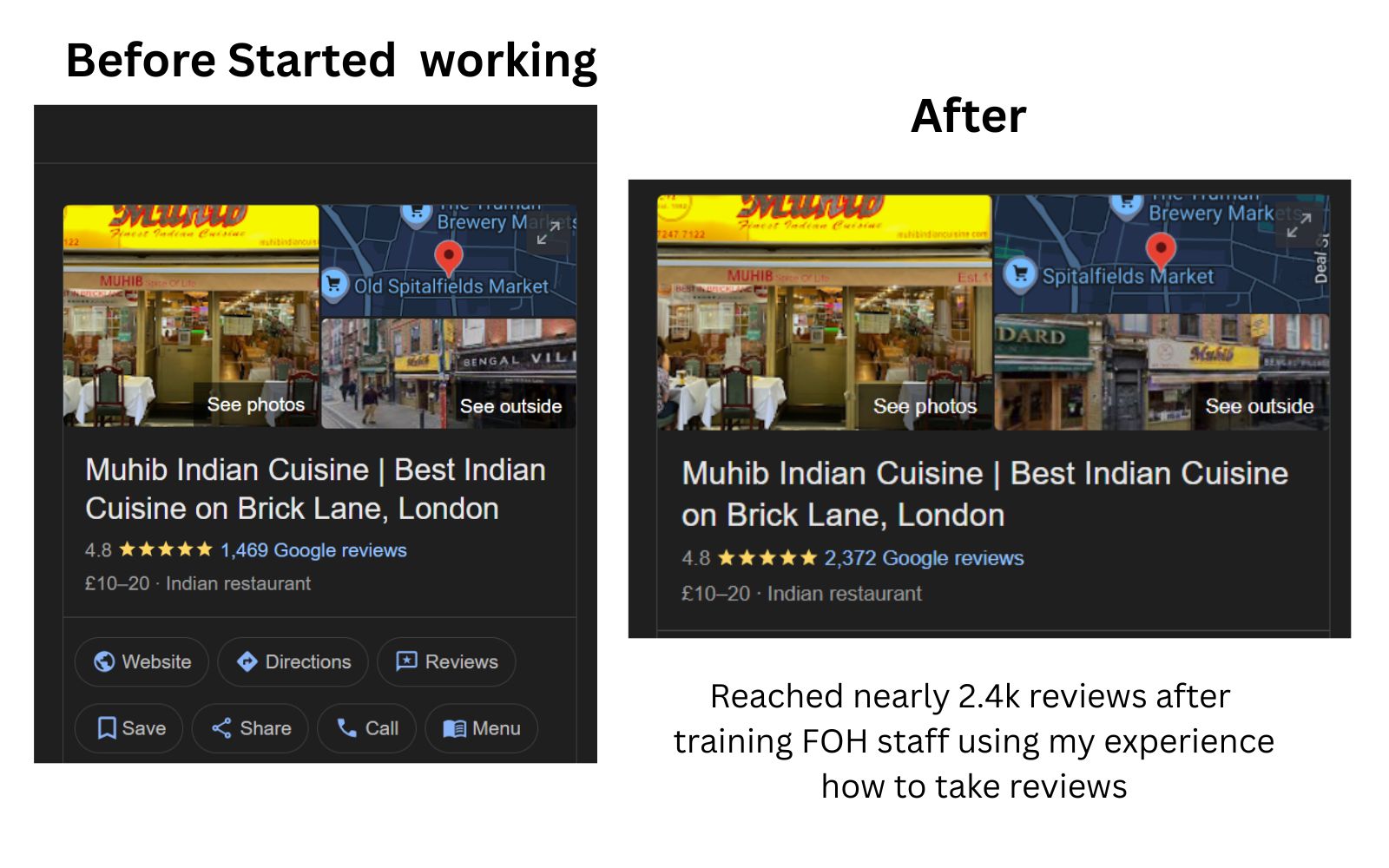 comparing before and after reviews acquired for muhib indian cuisine