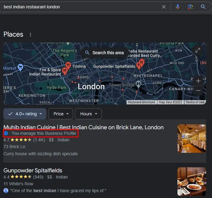 screenshot of google search best indian reaurant london
