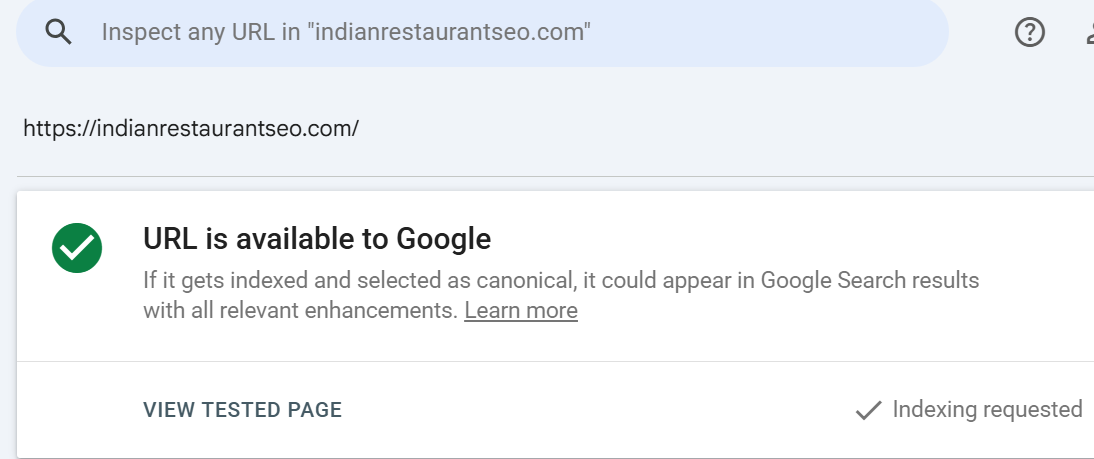 Google Search Console URL Inspection showing indexing information for a restaurant website